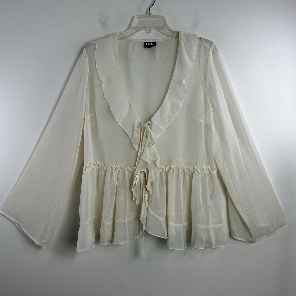 Womens Y2K Top Size L Beige Front Tie Sheer Mesh Fairycore Boho Cottage Romantic